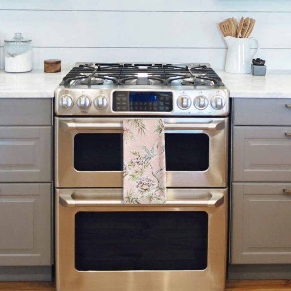 Pink Floral Tea Towel with Cranes and Peonies